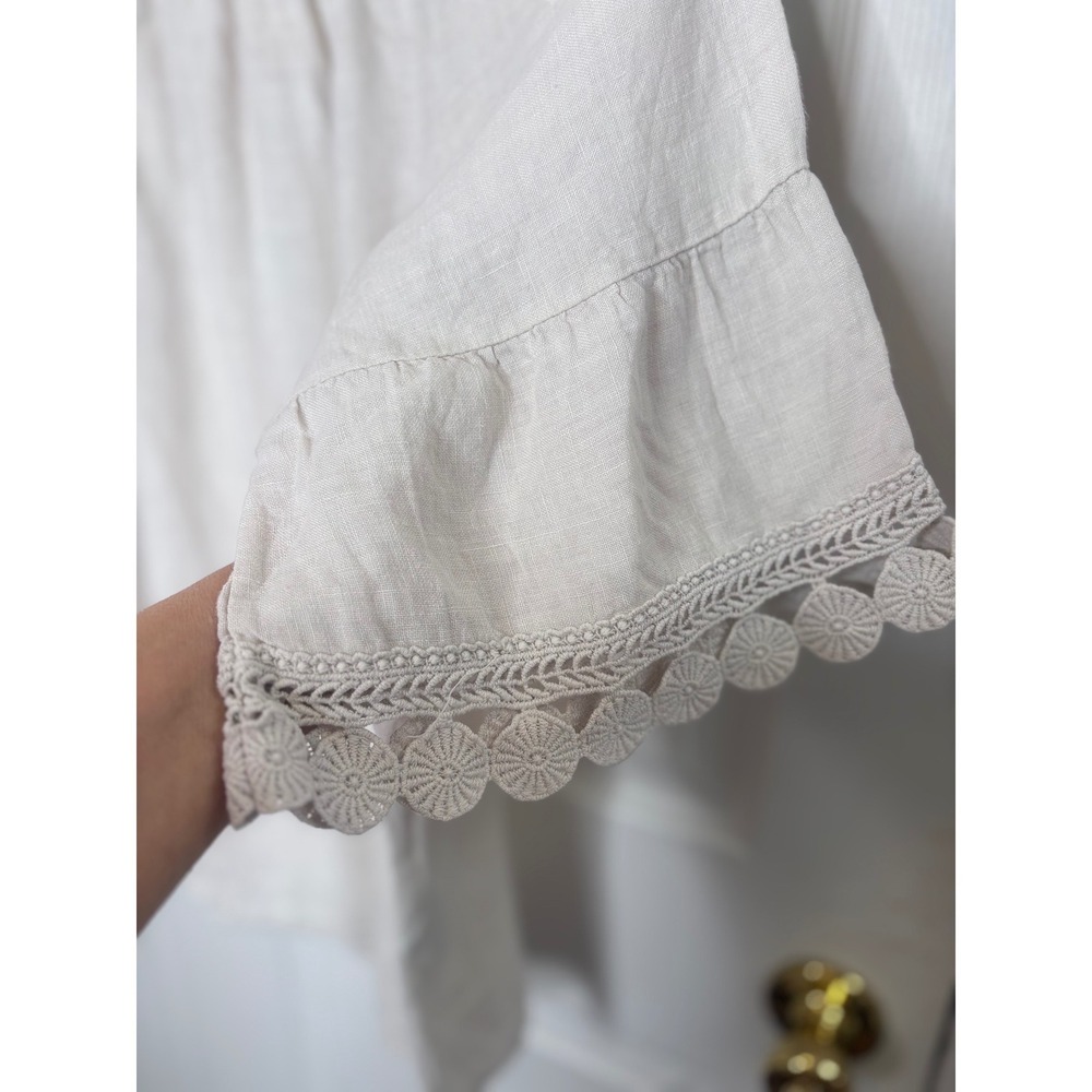 Terzo Millennio Blouse 100% Linen Crochet Lace Trim Boho Made in Italy L - Picture 5 of 9
